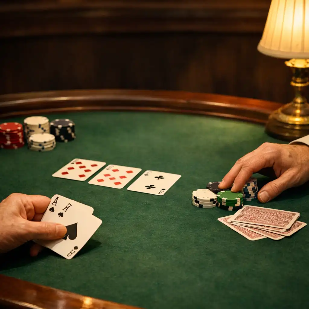 Kezek, valódi kártyák és zöld filces fizikai pokerasztal meleg fényben