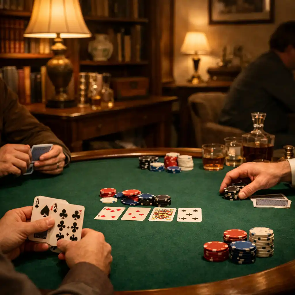 Fizikai zöld filces pokerasztal körül kártyákat tartó kezek egy meleg fényű, személyes card lounge-ban