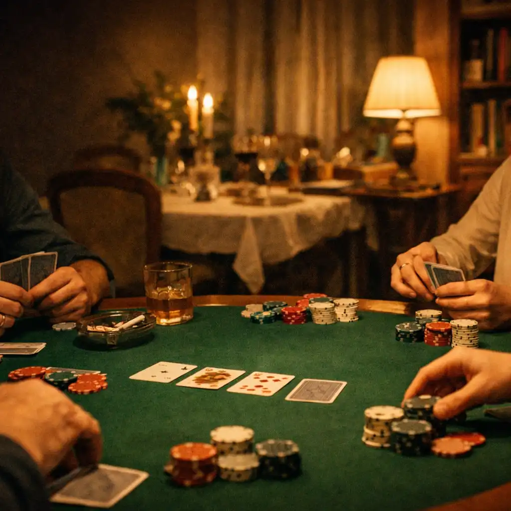 Esti kártyaszoba zöld filces fizikai pokerasztallal, kártyákat tartó kezekkel és meleg lámpafénnyel