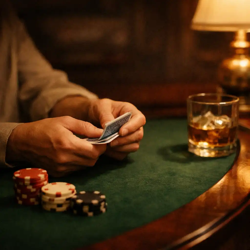 Kezek fizikai kártyákkal és zsetonokkal egy zöld filces pokerasztalon