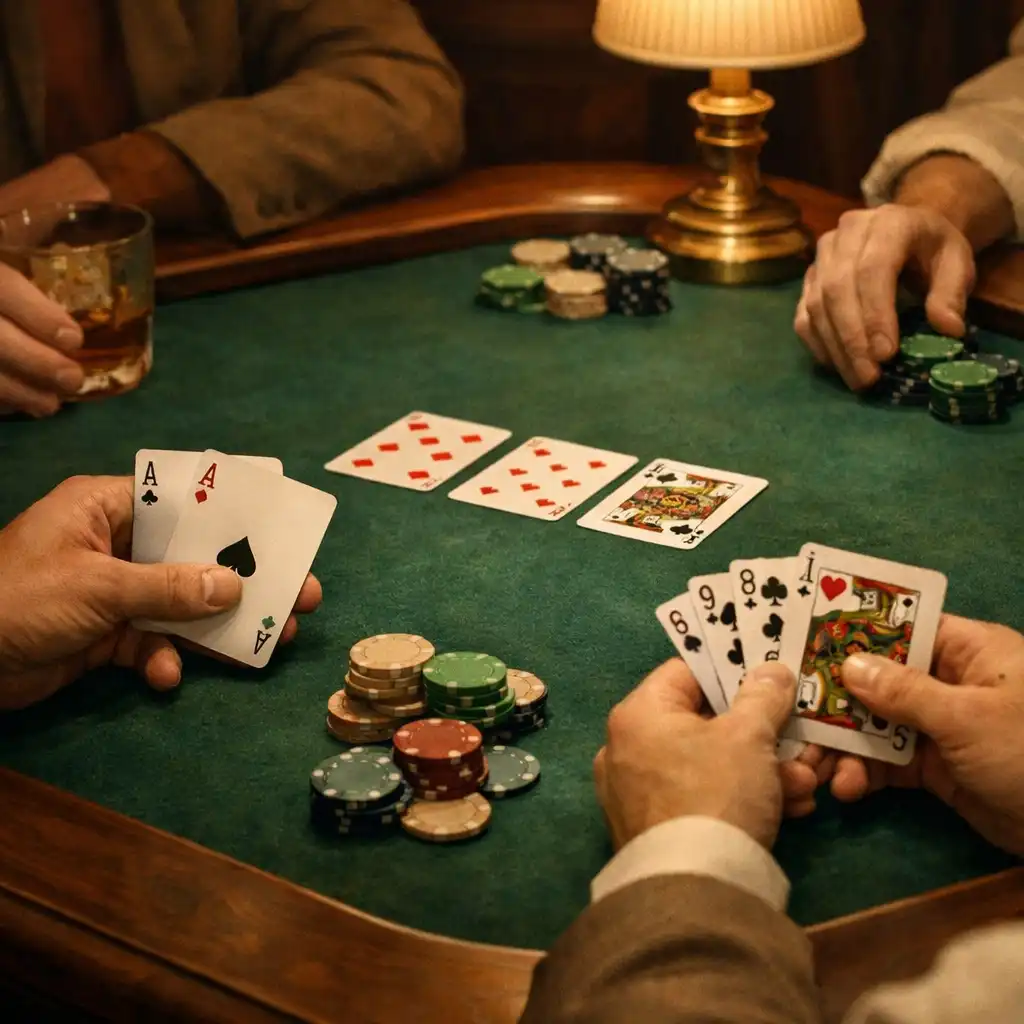 Kezek, kártyák és zsetonok egy zöld filces fizikai pokerasztalon