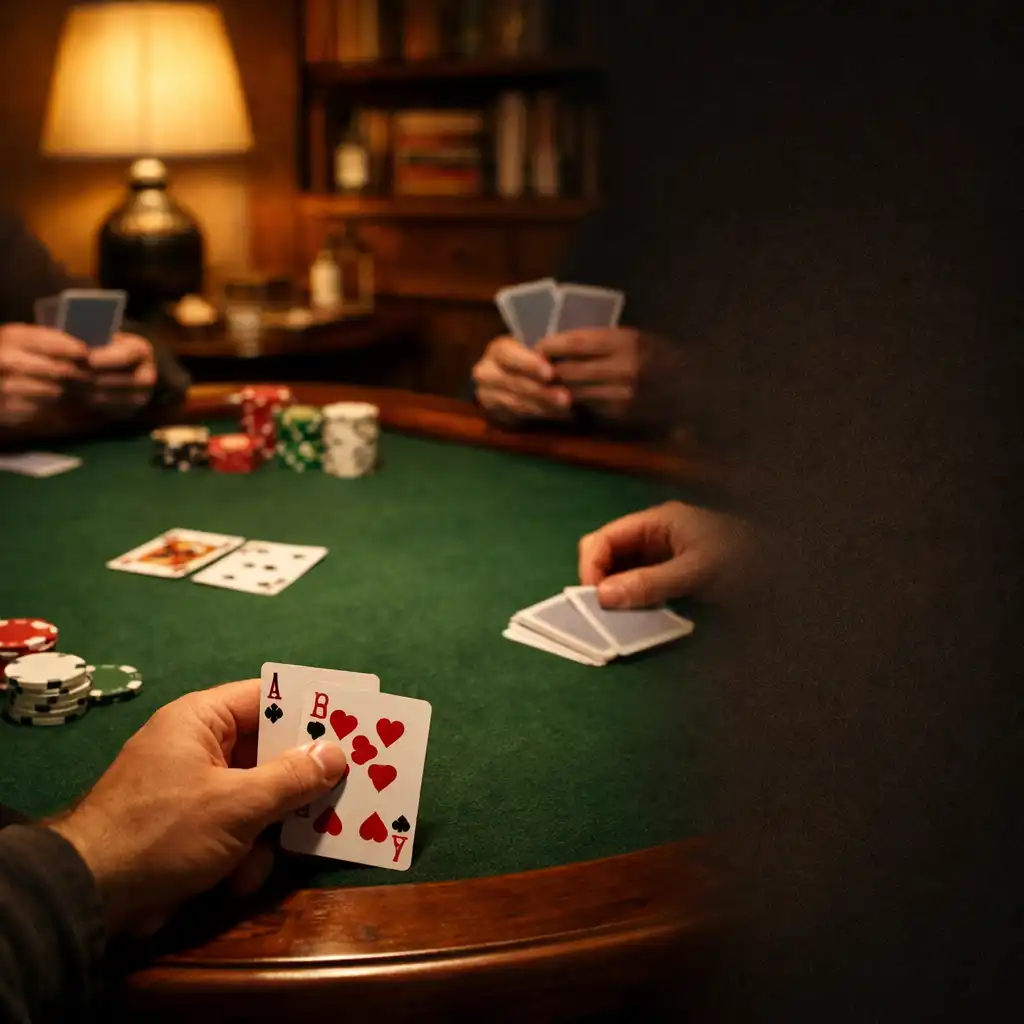 Kezek valódi kártyákkal és zsetonokkal egy zöld filces fizikai pokerasztalnál