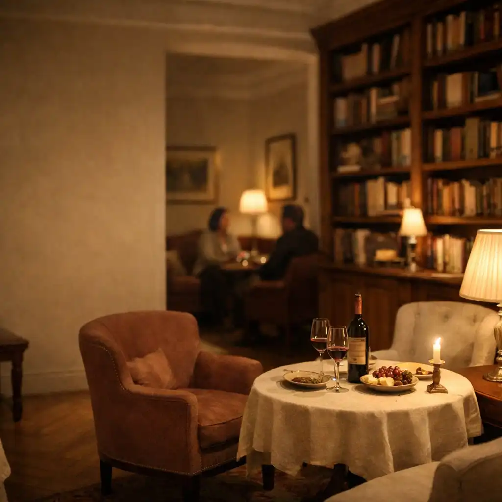 Meleg fényű könyvtárszerű privát lounge megterített kis asztallal